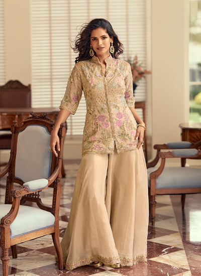 Cream Beige Handwork Embroidery Palazzo Suit