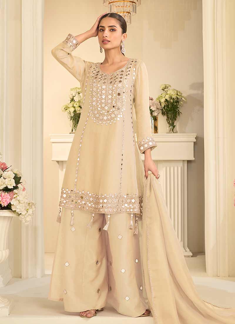 Cream Beige Mirror Embroidery Sharara Style Suit