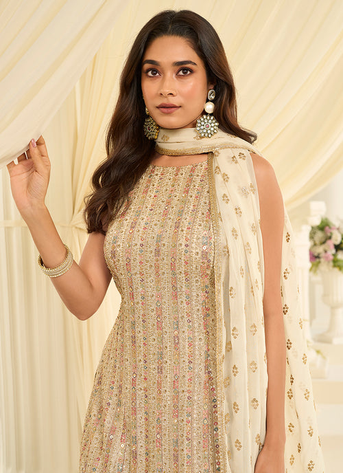 Cream Traditional Embroidered Gharara Style Suit