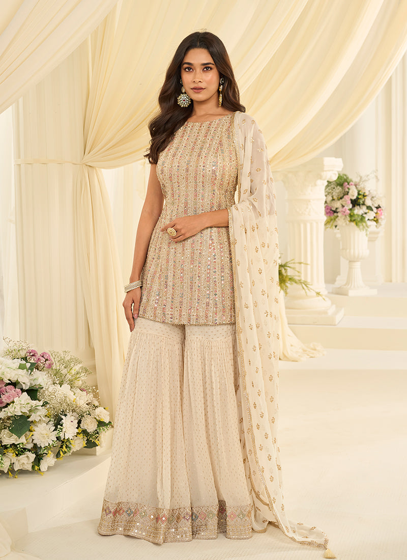 Cream Traditional Embroidered Gharara Style Suit