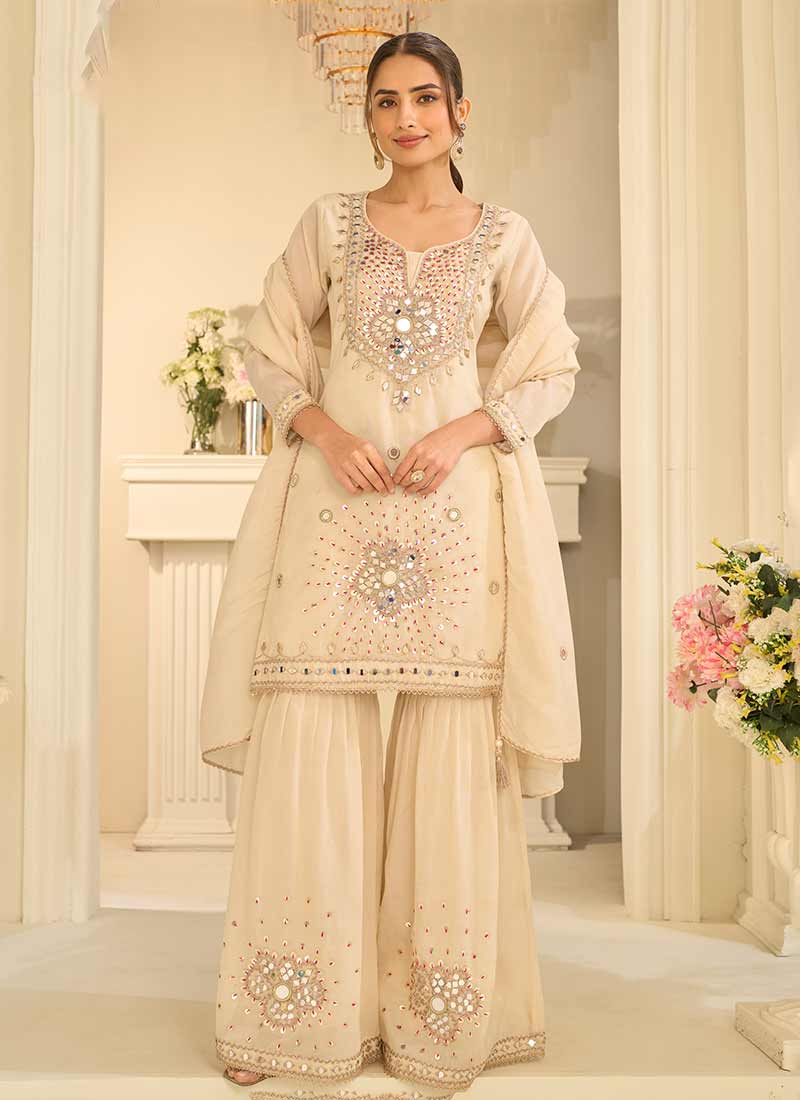 Cream White Mirror Embroidered Gharara Style Suit