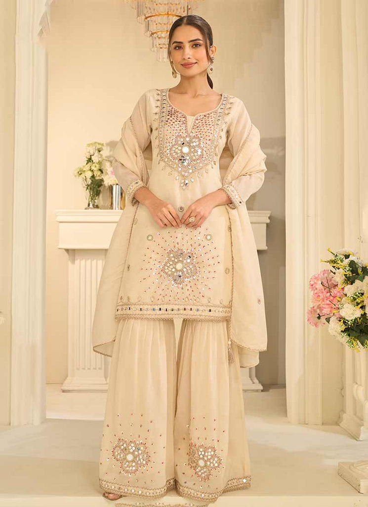 Cream White Mirror Embroidered Gharara Style Suit