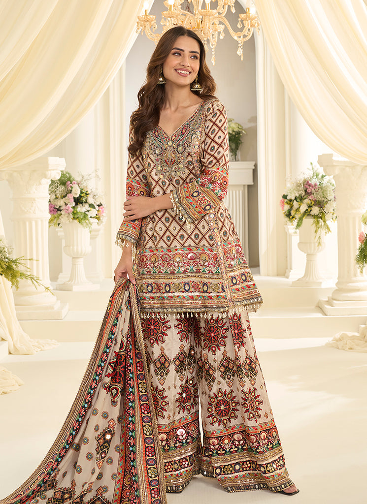 Cream Multicolored Embroidery Palazzo Style Suit