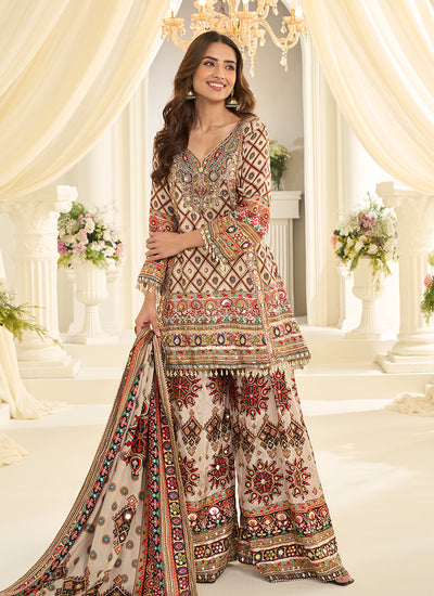 Cream Multicolored Embroidery Palazzo Style Suit