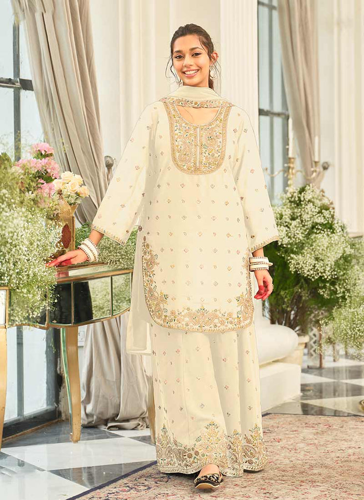 Cream Multicolored Embroidery Palazzo Suit