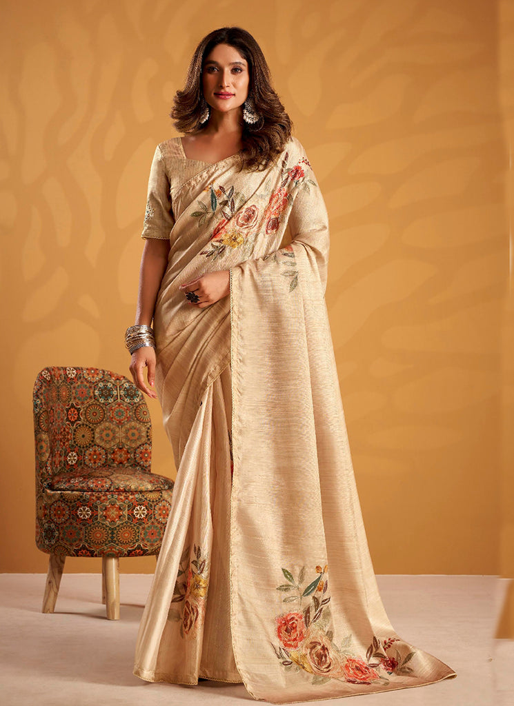 Cream Embroidered Traditional Silk Saree