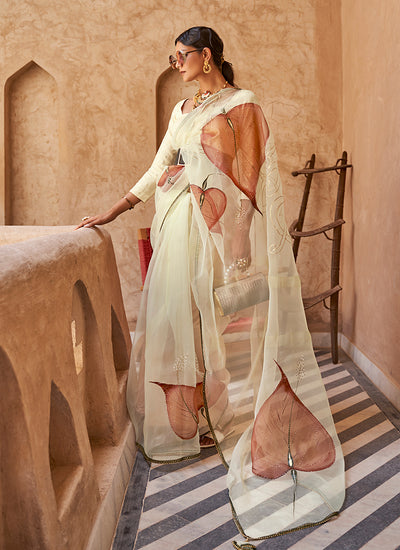 Cream Printed Festive Saree