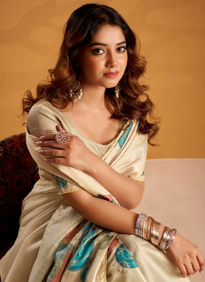 Cream White Embroidered Traditional Silk Saree