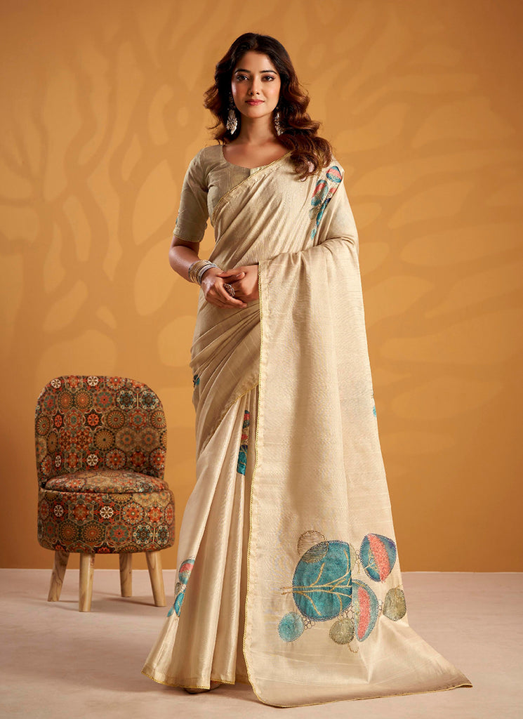 Cream White Embroidered Traditional Silk Saree