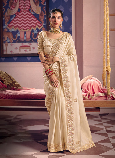 Cream White Embroidered Tissue Silk Saree