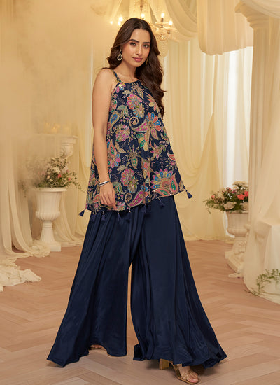Dark Blue Multi Embroidered Palazzo Co-Ord Set