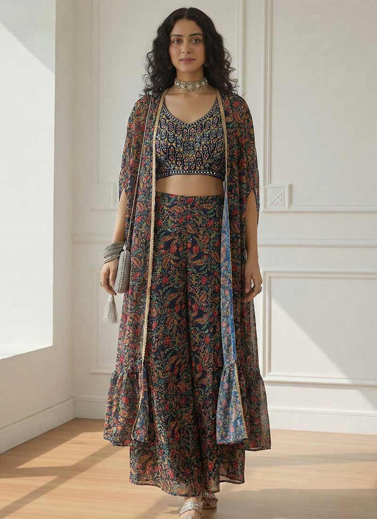 Dark Blue Embroidered Cape Style Indo Western Set