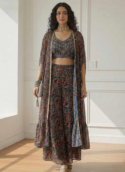 Dark Blue Embroidered Cape Style Indo Western Set