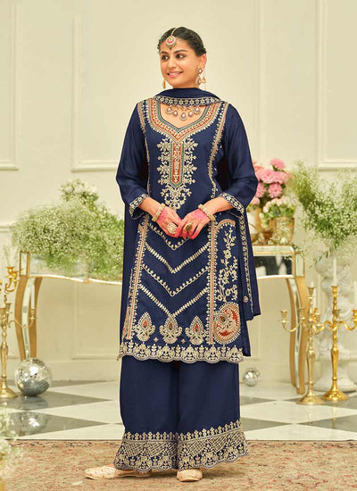Dark Blue Embroidery Pakistani Palazzo Suit