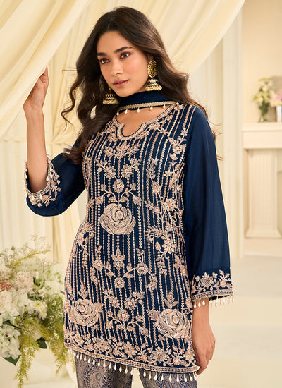 Dark Blue Embroidery Silk Pant Style Suit