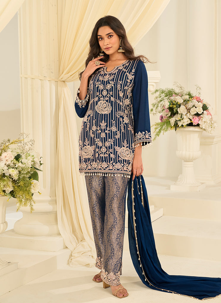 Dark Blue Embroidery Silk Pant Style Suit