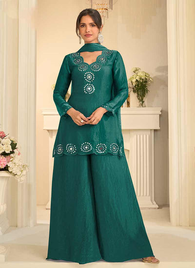 Dark Green Mirror Embroidered Silk Palazzo Suit