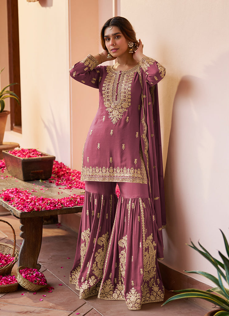 Deep Pink Embroidered Gharara Style Suit