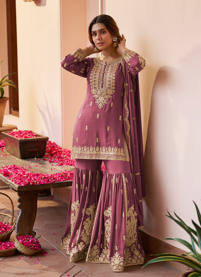 Deep Pink Embroidered Gharara Style Suit