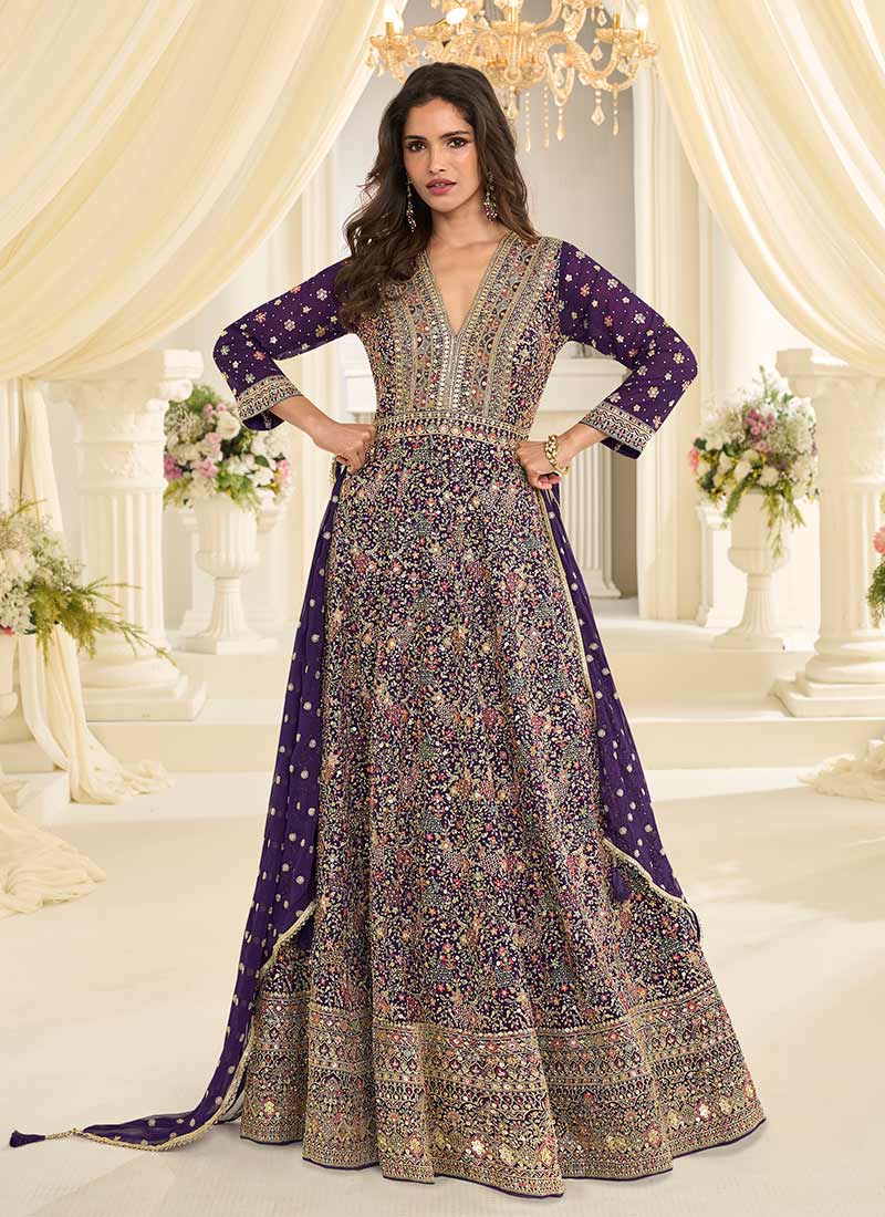 Deep Purple Designer Embroidered Anarkali Suit