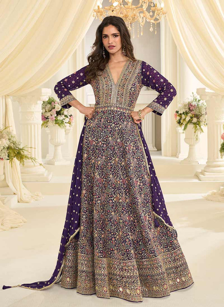 Deep Purple Designer Embroidered Anarkali Suit