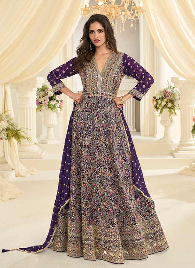 Deep Purple Designer Embroidered Anarkali Suit