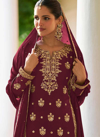 Deep Red Sequins Embroidered Palazzo Suit