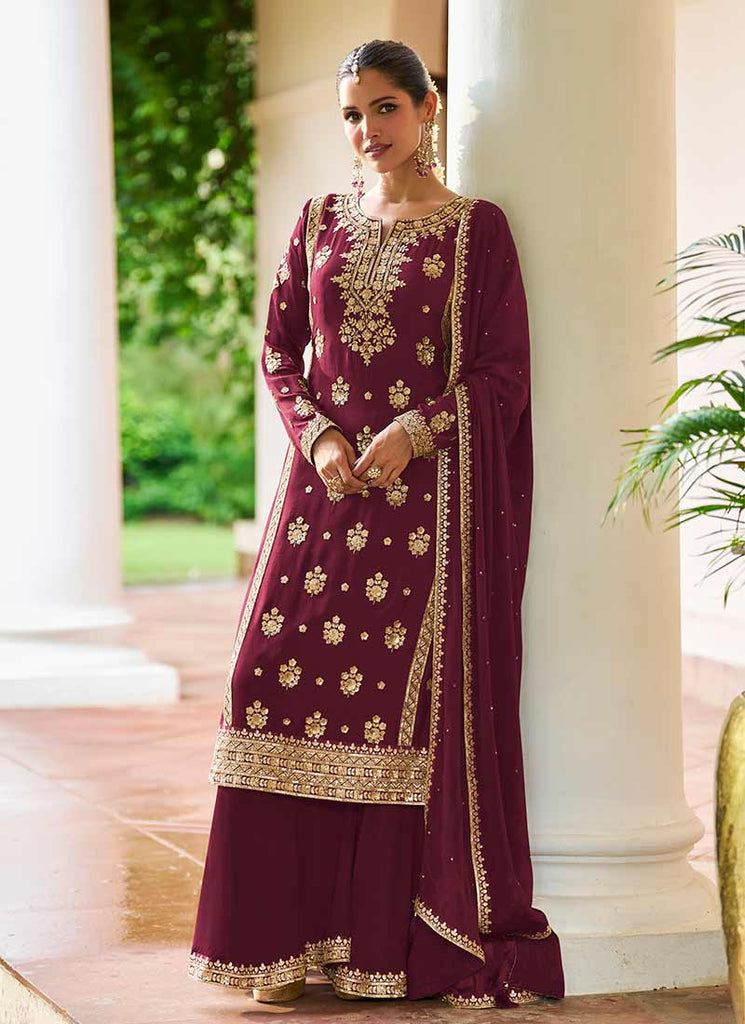 Deep Red Sequins Embroidered Palazzo Suit