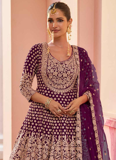 Deep Wine Embroidered Anarkali Lehenga