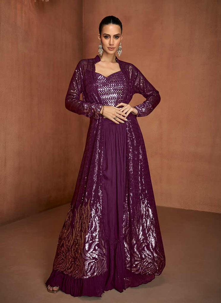 Deep Wine Sequins Embroidery Jacket Style Lehenga