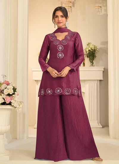 Deep Wine Mirror Embroidered Silk Palazzo Suit