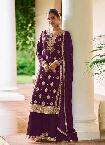 Deep Wine Sequins Embroidered Palazzo Suit