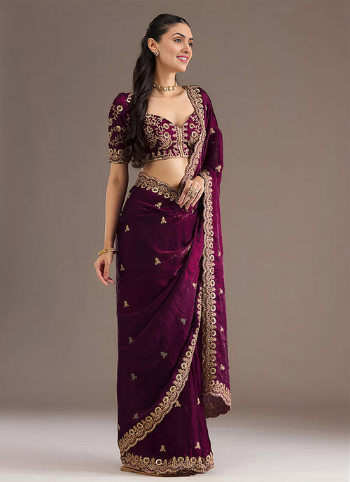 Deep Wine Multi Embroidered Wedding Saree