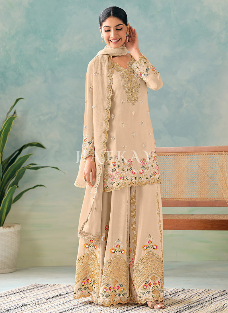 Cream Beige Multi Embroidery Sharara Style Suit