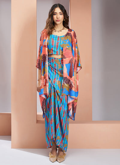Blue And Peach Digital Printed Silk Co-Ord Set