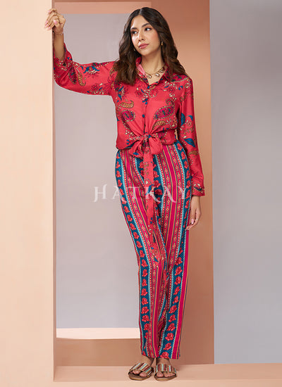 Cherry Red Digital Printed Silk Co-Ord Set