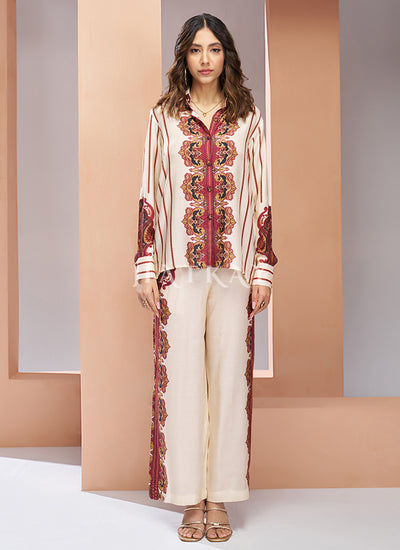 Off White Multi Digital Printed Silk Co-Ord Set