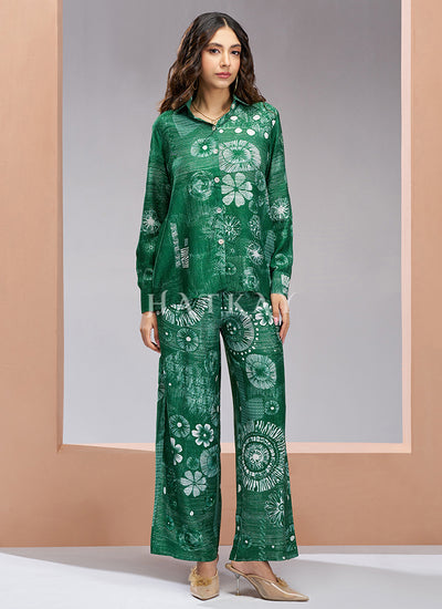Dark Green Digital Printed Silk Co-Ord Set