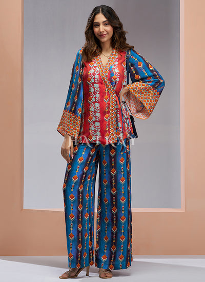 Blue And Red Digital Printed Silk Co-Ord Set