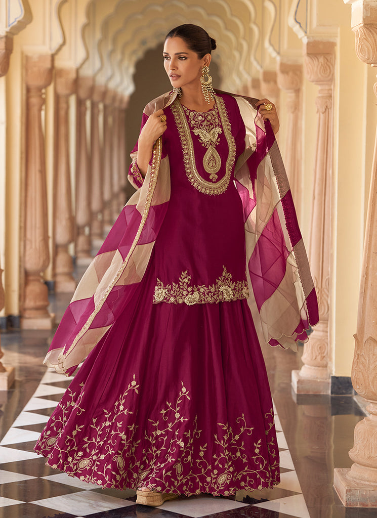Magenta Embroidered Silk Sharara Suit