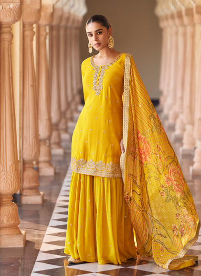 Yellow Embroidered Silk Gharara Suit