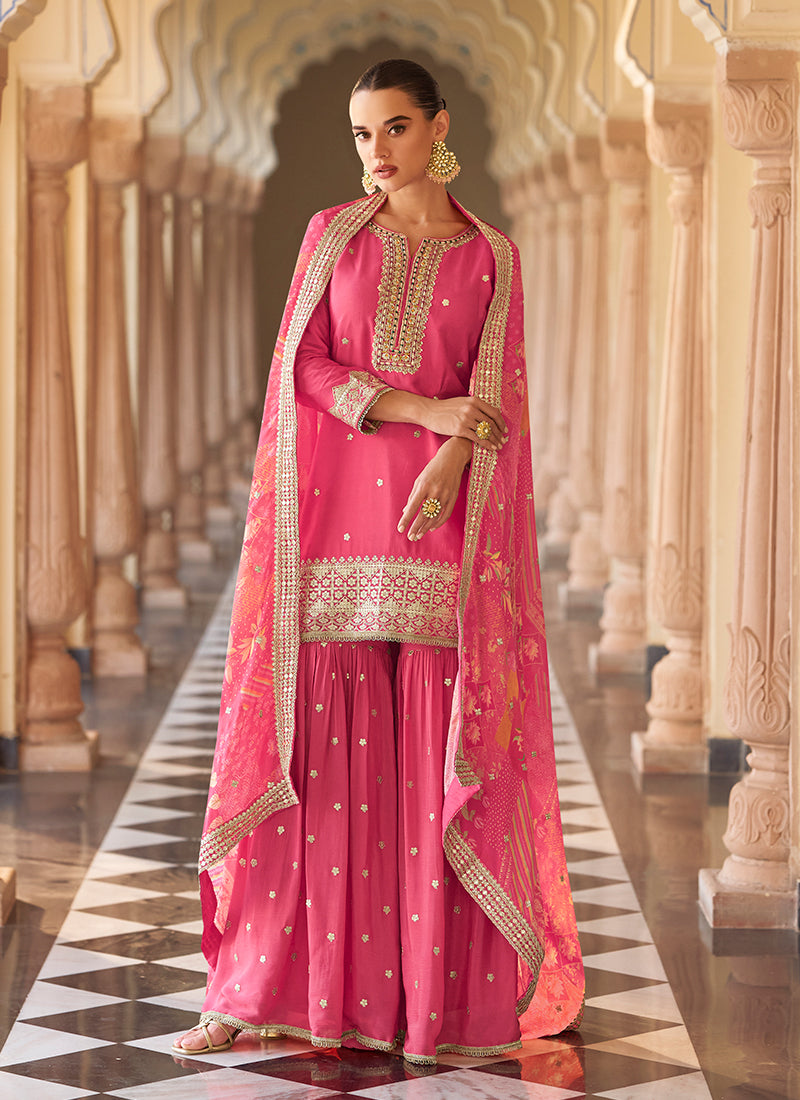 Pink Embroidered Silk Gharara Suit