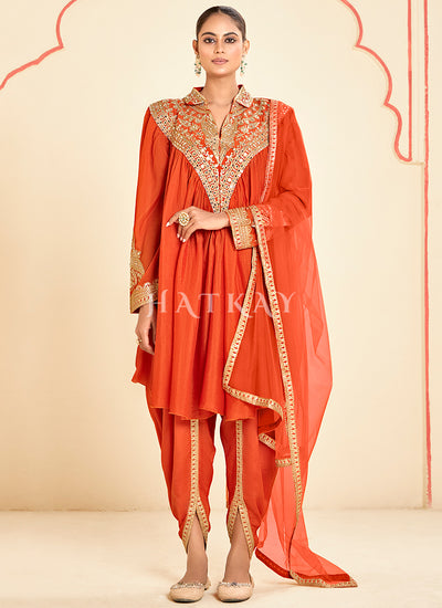 Orange Traditional Dhoti Style Pant Suit