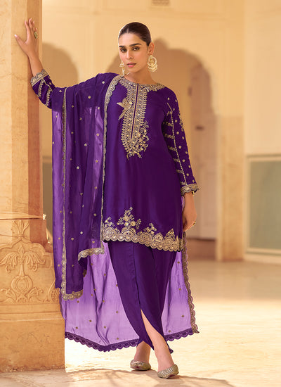 Purple Embroidery Dhoti Style Pant Suit