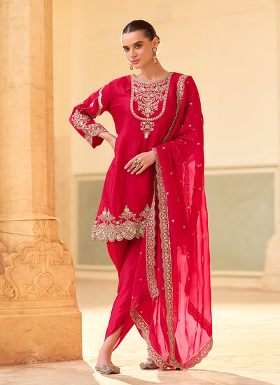 Cherry Red Embroidered Dhoti Style Pant Suit