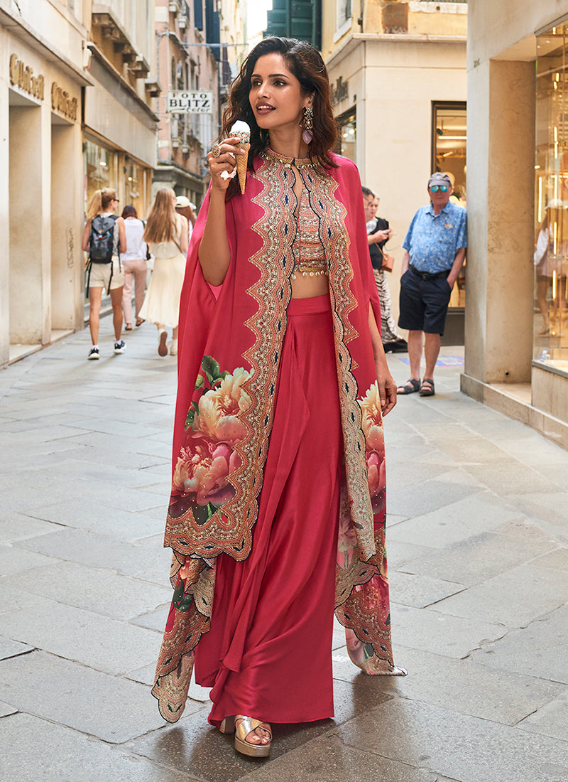 Coral Pink Handwork Embellished Draped Skirt Set