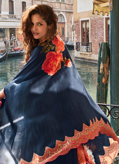 Dark Blue Handwork Embellished Draped Skirt Set