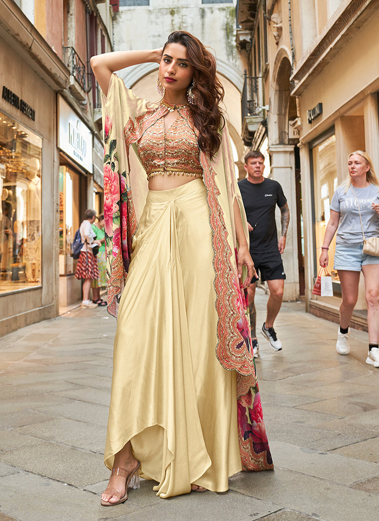 Butter Yellow Handwork Embellished Draped Skirt Set