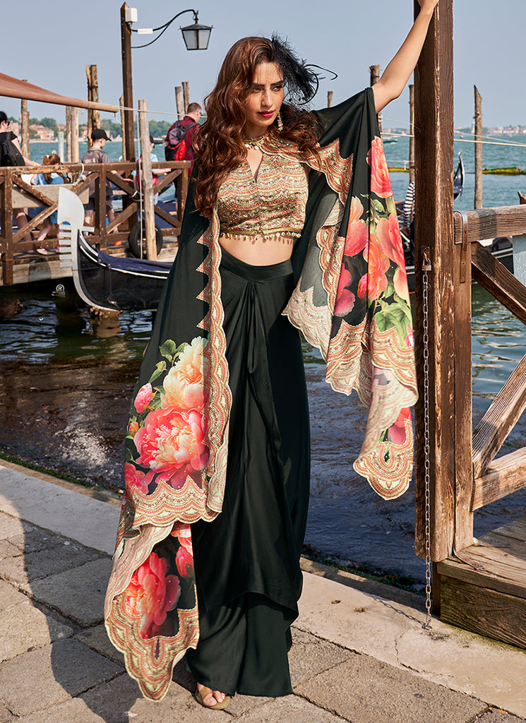 Black Handwork Embellished Draped Skirt Set