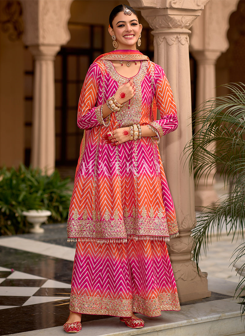 Pink And Orange Embroidered Gharara Suit